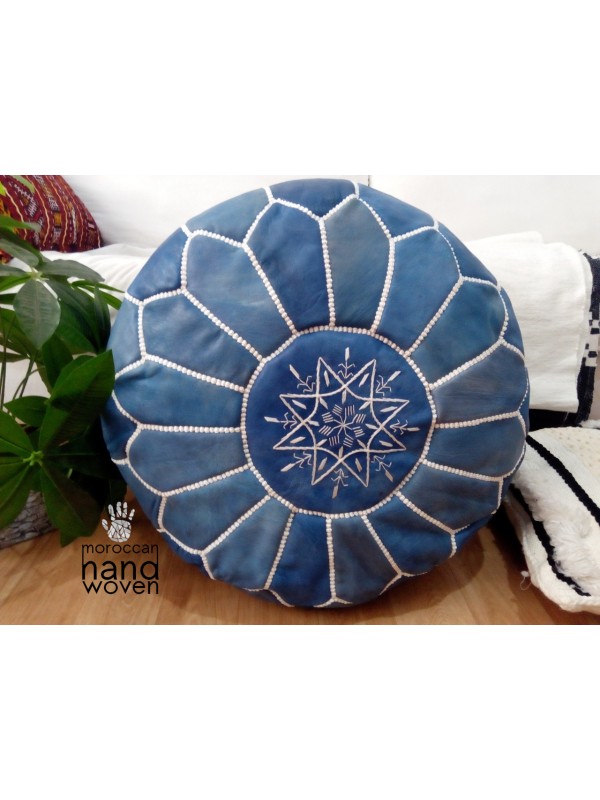 Moroccan Blue Jeans Color - with white Stitching - Leather Pouf ottoman pouf