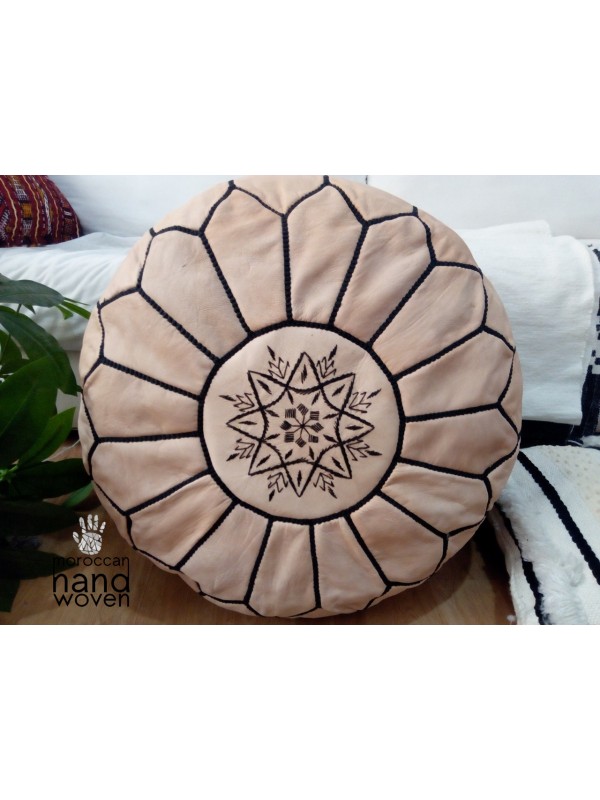 Moroccan natural POUF - beige with black Stitching Leather Pouf