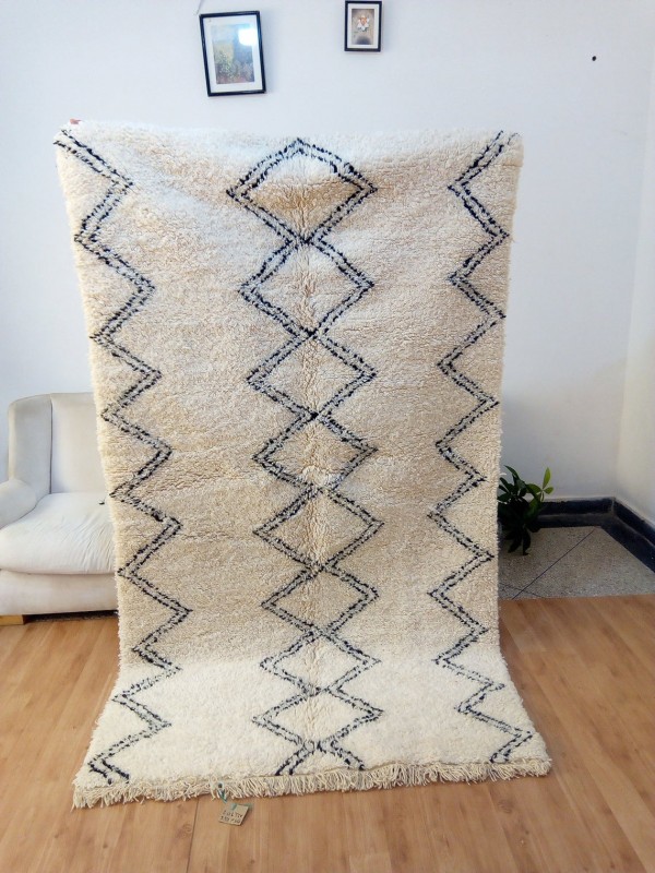 Beni Ourain Rug Style with Waves & Diamond Pattern - Full Wool - Shag Pile -  Wool - 241 X 134cm