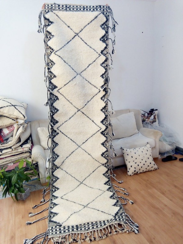 Moroccan Runner Carpet - Art Design -  Beni Ourain Style - Full Wool - 315 X 84cm