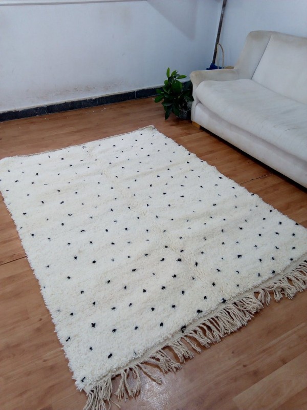 Beni Ourain Style - Hand Woven Wool Rug - Black Dots Carpet - Tribal Rug - 200 X 153cm