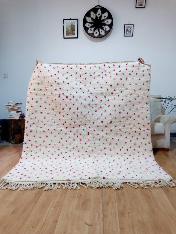 Berber Carpet - Moroccan Bit dark pink Dots Rug - Wool - Beni Ourain Style - 182 X 158cm