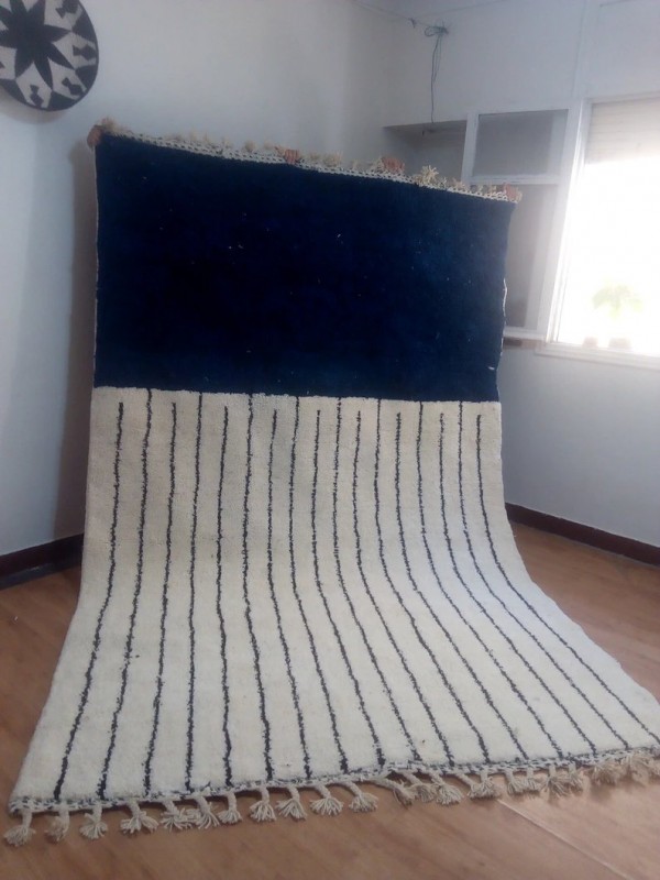  Moroccan Hand Woven Rug - Deep Blue Design Carpet  - Wool - 306 X 201cm