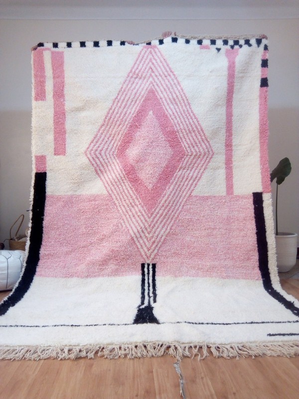  Moroccan Hand Woven Pink Rug - Colored Pattern Carpet  - Wool - 305 X 205cm