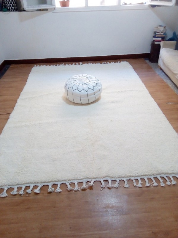 Moroccan Rug uni white color - Beni Ourain Style- Shag Pile - Full Wool 