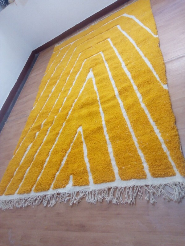 Moroccan hand woven yellow patterns rug - Beni Ourain Style- Wool