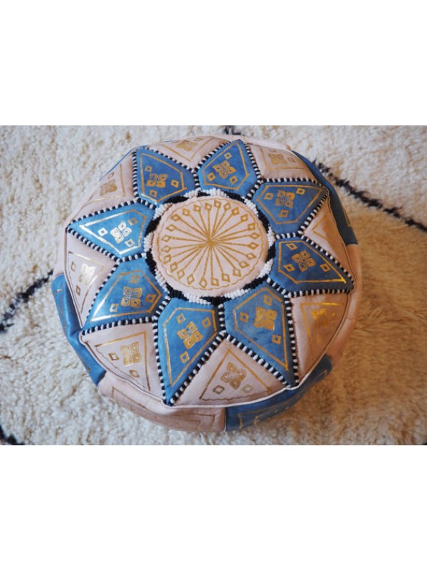 blue leather handmade pouf( (ottoman) unstuffed